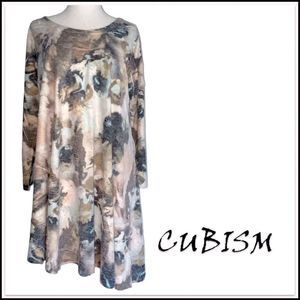 CUBISM TUNIC | TAN, BROWN, GREY, TURQUOISE | ASYMMETRICAL HEM | 3/4 SLEEVE SIZE